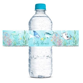 Underwater Cute Sea Life Baby Sprinkle Shower Waterproof Water Bottle Sticker Wrappers 20 Wrap Around Labels Sized 1.75" x 8.5" by AmandaCreation