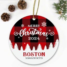 Merry Christmas Boston Massachusetts Ornament 2024 - Xmas Holiday Keepsake for Decor Boston MA Ornament Souvenir Gift Family Friends - New Home Ornament 3" Plastic