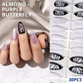 AIRSEE Cat Eye Press On Nails Almond - Purple Butterfly, Medium, Transparent Style, 30 Pcs in 15 Sizes, Easy Application, Reusable Fake Nails Kit with Accessories Included