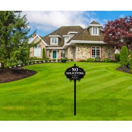 No Soliciting Sign for House - 14x9 Inch Aluminum No Solicitors Sign with 50" Stake - Weatherproof Yard Sign for Home, Front Door, Lawn, Business Black