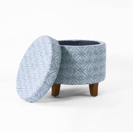 HomePop Upholstered Round Storage Ottoman|Homepop Home Décor|Upholstered Round Foot Rest Ottoman -Blue Indigo Print
