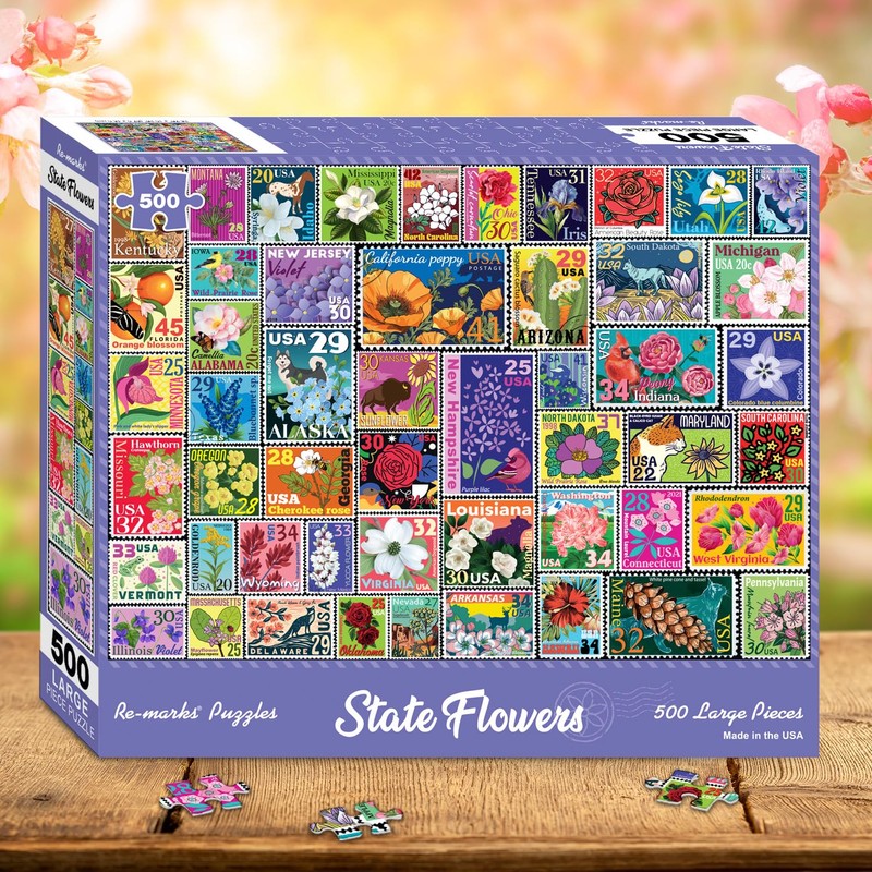 Re-marks State Flowers Stamp Collage Jigsaw Puzzle, 500 Large Piece