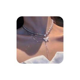 Aneneiceera Vintage Pearl Crystal Butterfly Y Drop Necklace Silver Tassel Chain Y Necklace White Pearl Choker Necklace Personlized CZ Y Lariat Necklace Chain Jewellery for Women, Zinc