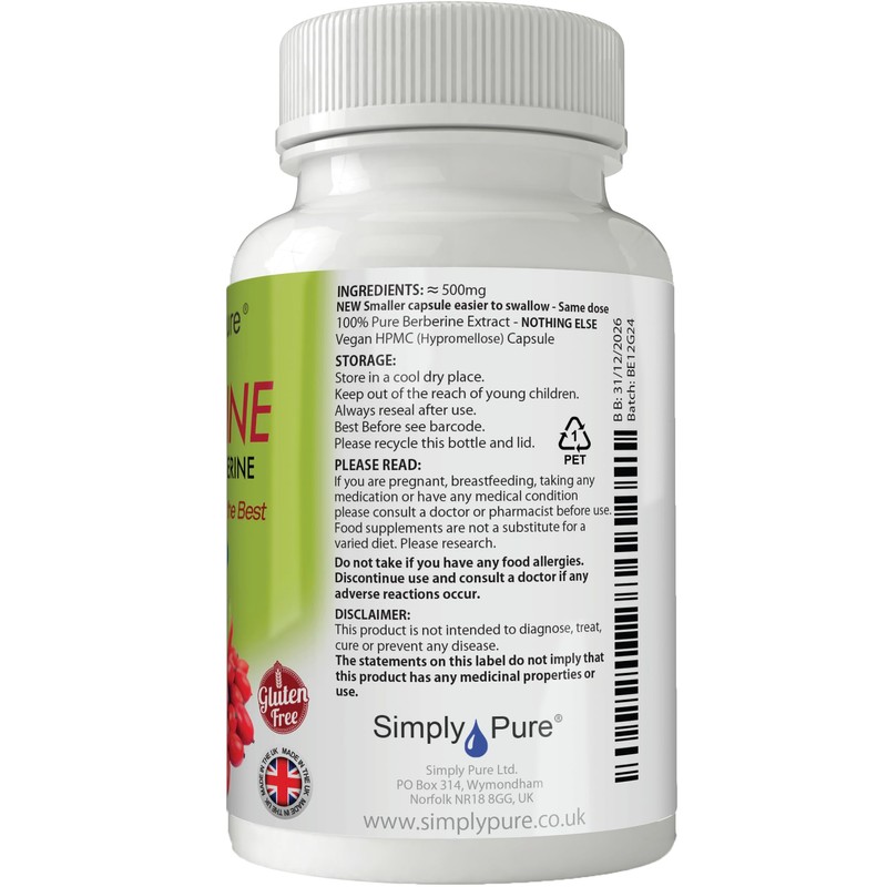 Simply Pure 100% Natural Berberine Capsules x 90, 500mg, Gluten