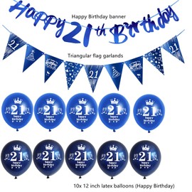 Blue Garland Happy 21th Birthday Banner + 21st Birthday Triangle Flags + 21 Pieces 21st Birthday Balloons 21st Birthday Decoration for Men, Decoration 21st Birthday Man Birthday Decoration 21 Years
