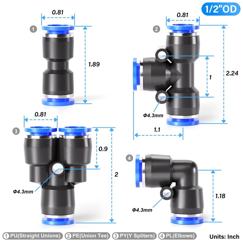 TAILONZ PNEUMATIC 1/2 Inch od Push to Connect Fittings Pneumatic