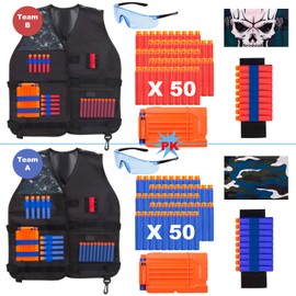 TEPSMIGO 2 Pack Tactical Jacket Vest Kit with 100 Pcs Refill Darts, 2 Reload Clips, 2 Face Tube Masks, 2 Hand Wrist Bands and 2 Protective Glasses, Suit for Kids Boys Girls 5+