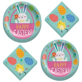 HOME & HOOPLA - Easter Party Bunny and Chick Springtime Paper Dinner Plates and Lunch Napkins (16 Plates & Napkins)