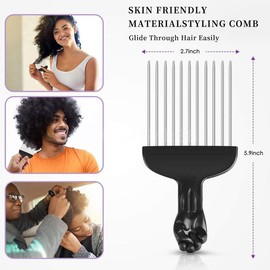 HZAOPZE Afro Hair Comb Metal Curling Comb, 2 Pieces Wide Tooth Comb Curly Hair Products Durable Stainless Steel Straight Round Tooth Tip Hair Styling Tool for Natural Curly Hair - Black