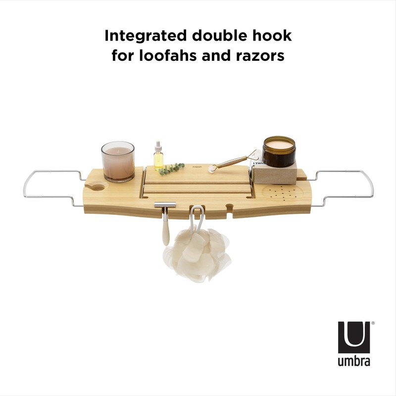 Umbra Aquala, Bamboo and Chrome Extendable Bathtub Tray Caddy, Natural
