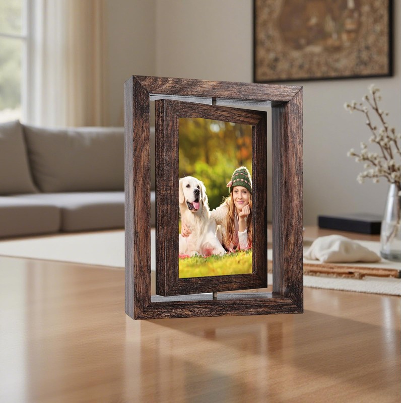 4x6 Rotating Floating Photo Frame - 360° Spinning Wooden Tabletop