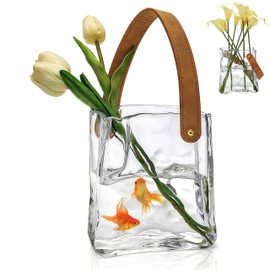 Noamus Glass Bag Vase for Flowers, Unique Purse Vases with Leather Handle, Decorative Wrinkle Handbag Shape Vase, Handmade Clear Fish Bowl for Centerpieces, Home Office Garden Wedding, Farmhouse Decor