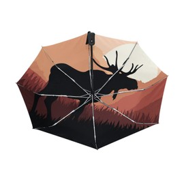Poeticcity Black Silhouette Moose in Mountains Sun Wild Landscape Automatic Folding UPF 50+ Anti-UV Rain Umbrella, Auto Open/Close 3 Folds Sun Parasol Canopy Windproof Compact Travel Umbrella