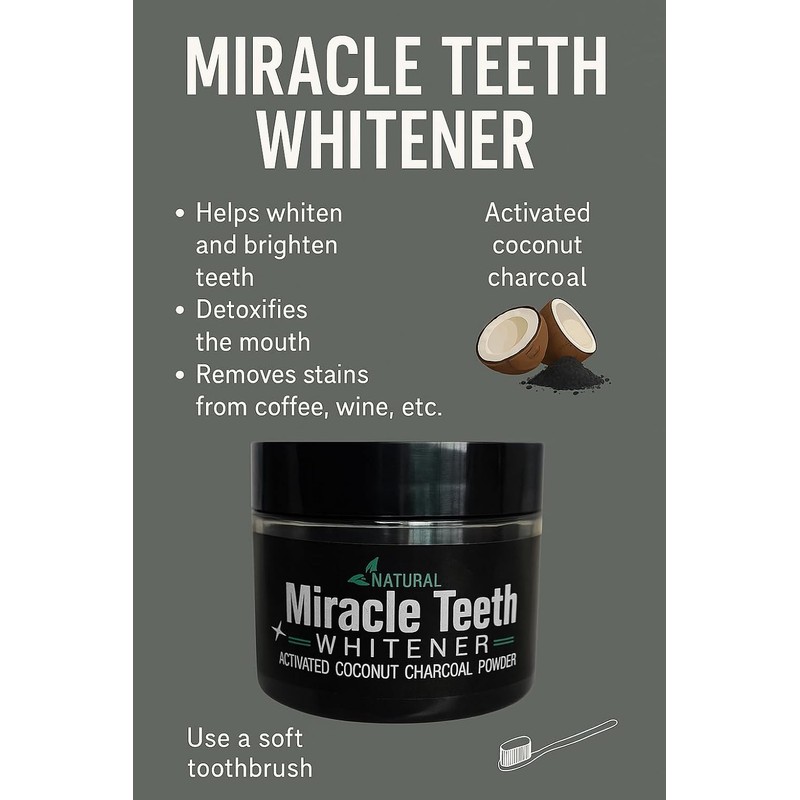 Miracle Teeth Whitener, Polvo Blanqueador Natural con Carbón Activado de
