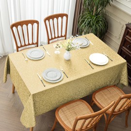 Romanstile Christmas Jacquard Rectangle Tablecloth - Gold Waterproof Damask Curly Floral Pattern Decorative Table Cloth, Heavy Weight Fabric Table Cover for Dining/Party/Holiday - 60 x 84 Inch