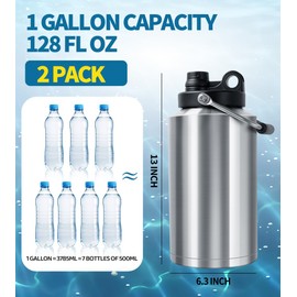 GAGANIU Insulated Water Bottle, 2 Pack, 1 Gallon Jug with Handle, 128 oz Stainless Steel Large Water Bottle Wide Mouth Double Vacuum for Hot & Cold Drinks, Stainless Steel