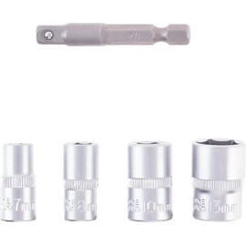 Original Einhell Socket Spanner Set with Adapter, 5 Pieces, 7-13 mm (Hexagon Socket, Chrome Vanadium, E 6.3 Shank)