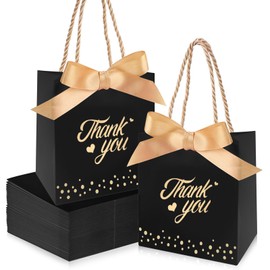 50 PCS Black Gift Bags with Handles, Small Party Favor Thank You Gift Bag, Sturdy Paper Bags with Ribbon for Birthday, Wedding, Baby Bridal Shower, Graduation Party Favor ( 5.9'' x 3.14'' x 5.11'')
