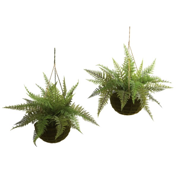 Nearly Natural Leather Fern with Mossy Hanging Basket (Indoor/Outdoor) (Set of 2), Green, 18 In. W x 18 In. D x 13 In. H
