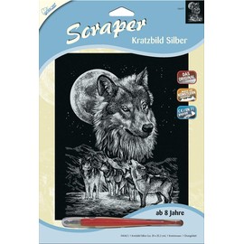 Mammut Spiel & Geschenk 136017 Kratzbild, Motiv Wölfe, Silber, glänzend, Komplettset mit Kratzmesser und Übungsblatt, Scraper, Scratch, Kritzel, Kratzset für Kinder ab 8 Jahre