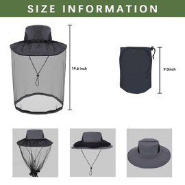 Midge Head Net Hat, Grey Nylon Mosquito Head Net with Hat, Portable Face Net Mesh with Hat for Outdoor Hiking Camping Climbing Fishing and Walking