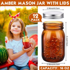 Yaomiao 12 Pack Amber Mason Jars with Lids 16 oz Regular Mouth Pint Vintage Canning Jars Bulk Airtight Multifunction Glass Jars for Storage Pickling Fermenting Preserving DIY Crafts Christmas Decor