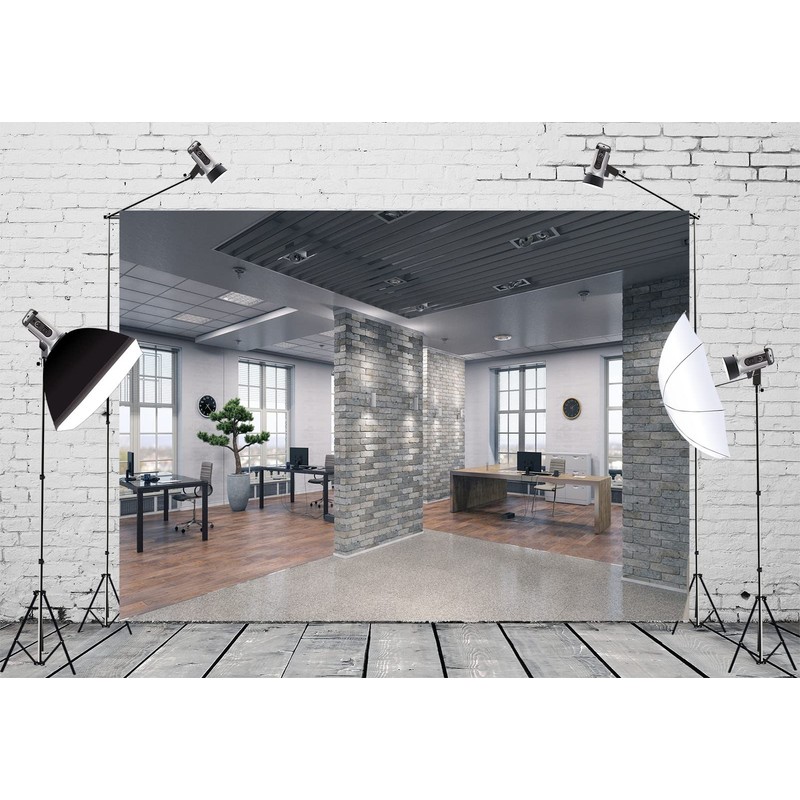 CORFOTO 7x5ft Fabric Modern Office Interior Backdrop for Zoom Meeting,