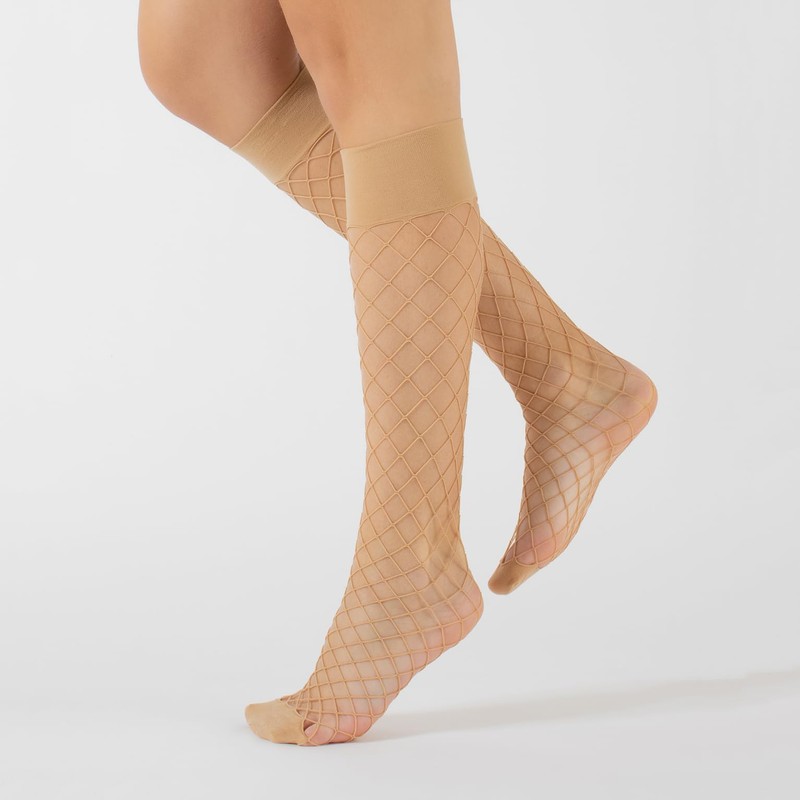 CALZITALY 2 Pairs Knee Fishnet Stockings Large Hole Pattern Black