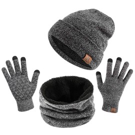 TAGVO Winter Beanie Hat, Scarf, Touch Screen Gloves 3 in 1 Warm Accessories Kit, Soft Fleece Inner Lining Great Warm, Stretchy Knit Beanie Cap, Elastic Neck Warmer, 3 Fingers Screen Touch Gloves Grey