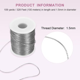 HARFINGTON Metallic Cord 1.5mm 109 Yards Metallic Ornament String Durable Tinsel Rope Thread for Crafts Gift Wrapping Christmas Decoration Hanging Tags Sewing Gift Decoration, Silver