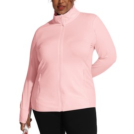 COOTRY Women's Plus Size Athletic Jackets Zip Up Lightweight Workout Running Track Jackets with Thumb Holes Light Pink 3XL