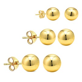 14K Genuine Gold Round Ball Stud Earrings Set (3 Pairs) in 3MM, 4MM, and 5MM Sizes - Multiple Color Options Available(Yellow)