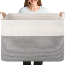 XXXL Large Blanket Basket, 108L Storage Basket, Cotton Rope Baskets for Living Room, Supre Large Toy Basket for Kids, Woven Basket for Clothes, Towels, Pillows, 25" x 16" x 16", Grey and White