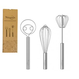 NAZANIN 3-Piece Whisk Set – 304 Stainless Steel Mixing Whisk, Danish Dough Whisk, Semi-Automatic Egg Whisk – Heavy Duty Hand Whisks for Baking, Dough, Eggs, Coffee, Kitchen Tools