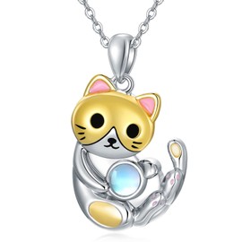 VENACOLY Cat Necklace 925 Sterling Silver Cat Pendant Necklace Moonstone Chain Cat Jewellery Gift for Women Cat Dear, Sterling Silver, Moonstone