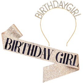 "Birthday Girl" Sash & Rhinestone Headband Set - Birthday Gifts Birthday Sash for Women Birthday Party Supplies (Gold Glitter/Black)
