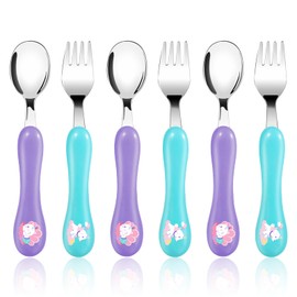 Lehoo Castle 6 Pieces Toddler Utensils, Kids Silverware for 2 3 4 Years Old, Stainless Steel Fork and Spoon Set with Plastic Handle, Safe Toddler Cutlery (Light Purple + Blue)