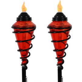 Sunnydaze Glass Patio Torch with Metal Swirl -25- to 66-Inch Adjustable Height -Set of 2 - Red
