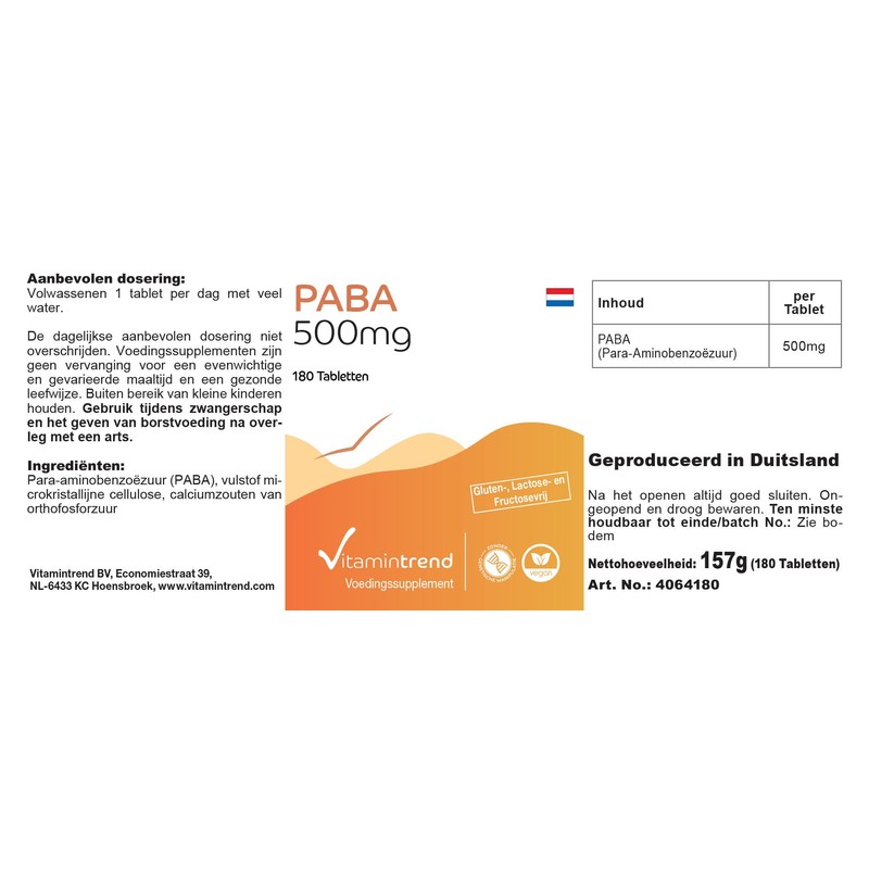 PABA 500 mg - 180 Tablets - For 6 Months