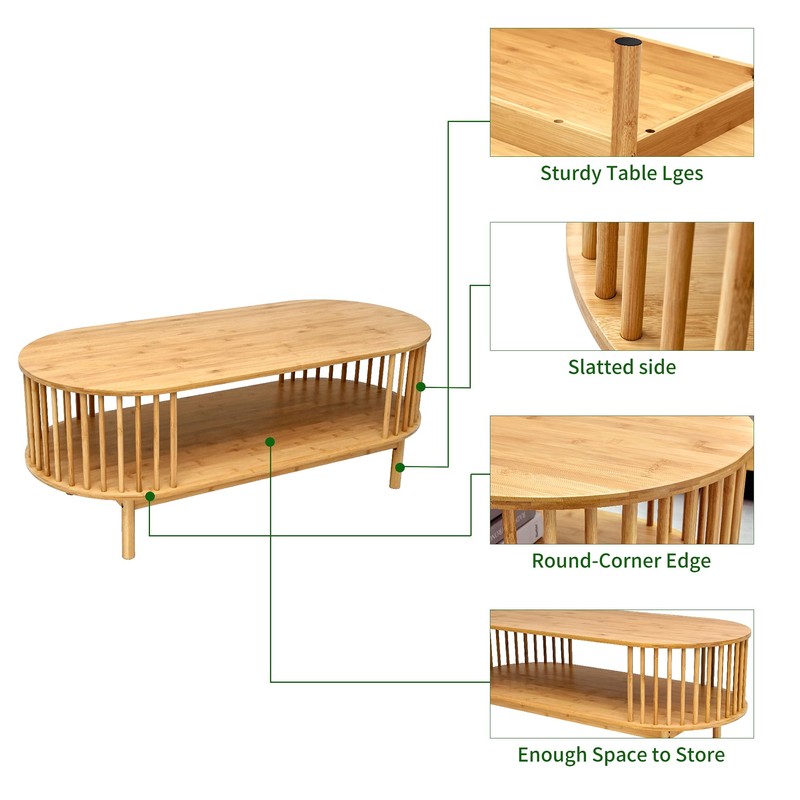 VaeFae Oval Coffee Table, Bamboo Coffee Table for Living Room,