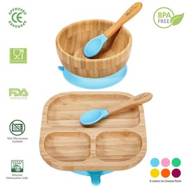 Vinsani Bamboo Bowl, Square Plate and Spoon Set for Baby/Toddler, Suction Plate, Stay-Put Design, Hypoallergenic and BPA-Free (Pink)