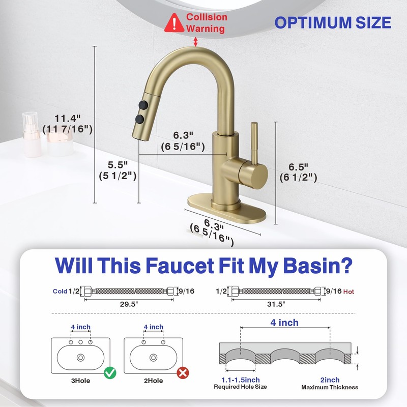 Kablle Bathroom Sink Faucet with Pull Down Sprayer, Brushed Gold