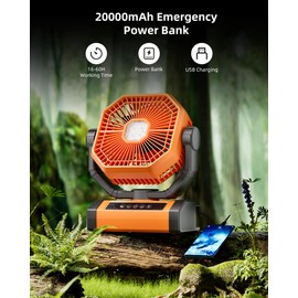 MORIKO 20000mAh LED Light Fan, Rechargeable Battery Operated with Remote & Hook, 270 Pivot, 4 Speeds, Portable Outdoor Fan for Tent, Beach, BBQ, Jobsites