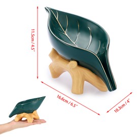 SUMTree Ceramic Soap Holder Self Draining Soap Dish, Leaf Shape Soap Saver Box for Home Bathroom Kitchen Sink Bathtub, Hotel, Restaurant to Keep Soap Dry, Green
