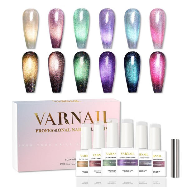 VARNAIL Cat Eye Gel Polish Kit 6 Colors, 15ML Glitter