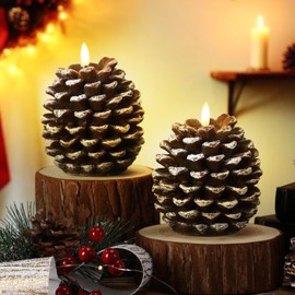 Baquler 2 Pcs LED Pine Cone Candles, Battery Operated, Flameless, Real Wax Pine Cone Candles with LED Flickering for Christmas Party Decoration