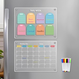 2 Pcs Acrylic Magnetic Calendar for Refrigerator Planning Board Dry Erase Board Bundle with Markers，Clear Weekly and Monthly Planner Fridge Calendar