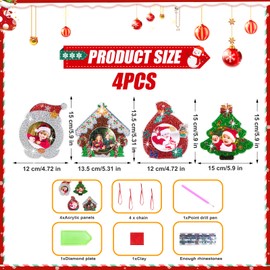 Pack of 4 Christmas Diamond Painting Photo Frame Ornaments DIY Christmas Diamond Art Picture Frame Hanging Christmas Tree Pendant Ornament Diamond Painting Pendant for Winter Christmas Decoration