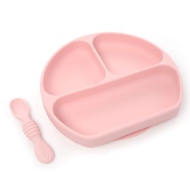 PrimaStella Silicone Divided Non-Slip Plate with Suction for Babies and Toddlers | Safety Tested | BPA Free | Microwave, Dishwasher and Oven Safe | Spoon Included (Pink)