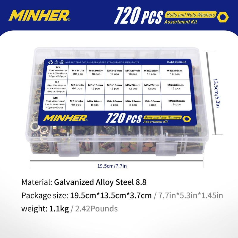 MINHER 720PCS M4 M5 M6 Bolts and Nuts Assortment Kit